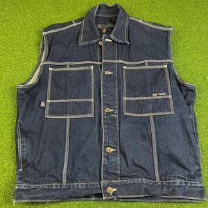 Vintage Mens Brooklyn Xpress Blue Denim Streetwear Utility Vest Sz XL